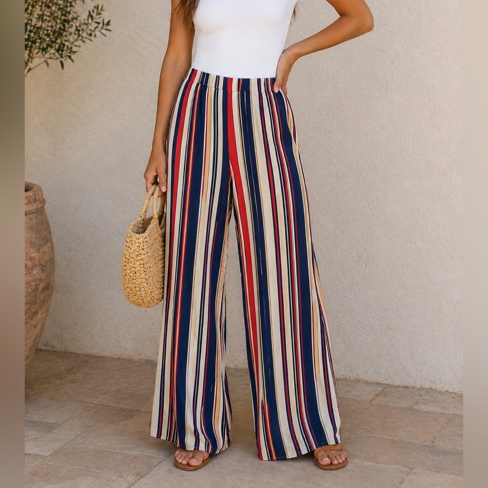 Tobi Striped Wide Leg Pants Red Blue Beige Size M